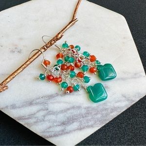 Green Onyx and Carnelian Earrings Cluster Long dangle